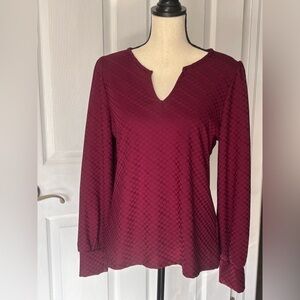 Kaileigh Burgundy Long Sleeve Top Checked Texture Print Stretch Top Sz L NWOT